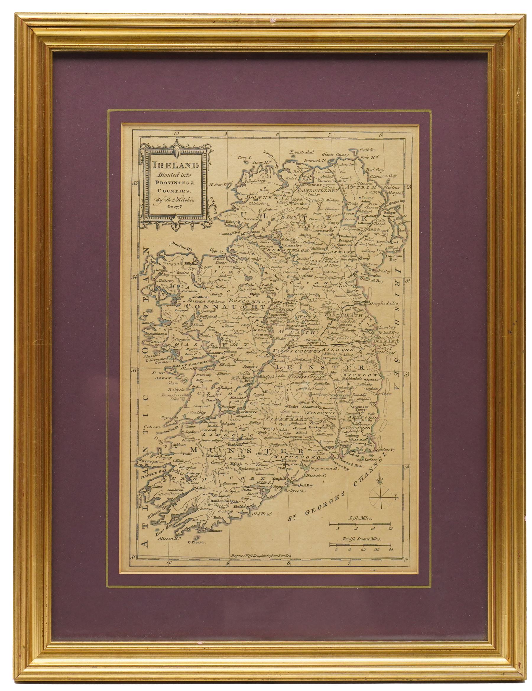 Thomas Kitchin (British 1719-1784): 'Ireland Divided into Provinces and Counties', 18th century engraved map 30cm x 20cm