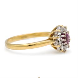 18ct gold pink sapphire and diamond cluster ring, single oval cut sapphire of 0.23 carat, surrounded by ten round brilliant cut diamonds, Birmingham 1985, total diamond weight 0.26 carat