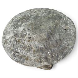 Pair of 19th century weathered hewn sandstone two-piece staddle stones, domed circular top over a tapering base