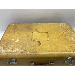 Vintage leather traveling case with monogram to cover, with watered silk lining to interior, and some contents, plus a further vintage travel case, (2)