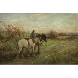 R W Johnson (19th/20th century): 'Over by Elwick' near Hartlepool - Working Horses on the Cliff Top, oil on canvas signed, titled signed and dated 11.1.02 on the stretcher 60cm x 90cm