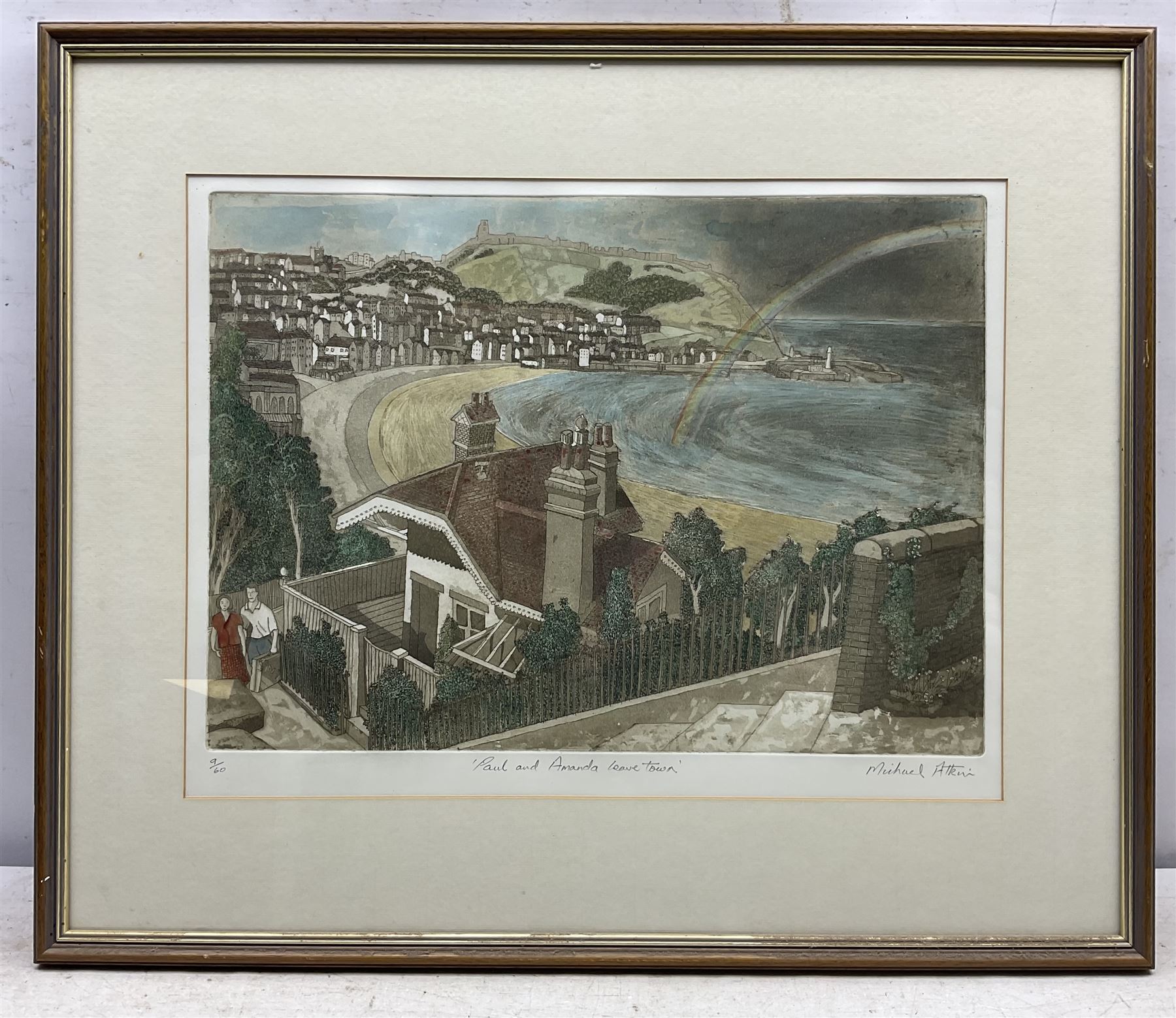 Michael Atkin (Scarborough 1952-): ‘Paul and Amanda Leave Town’ - Scarborough from the Spa Chalet, coloured etching with aquatint signed titled and numbered 9/60, 35cm x 59cm 