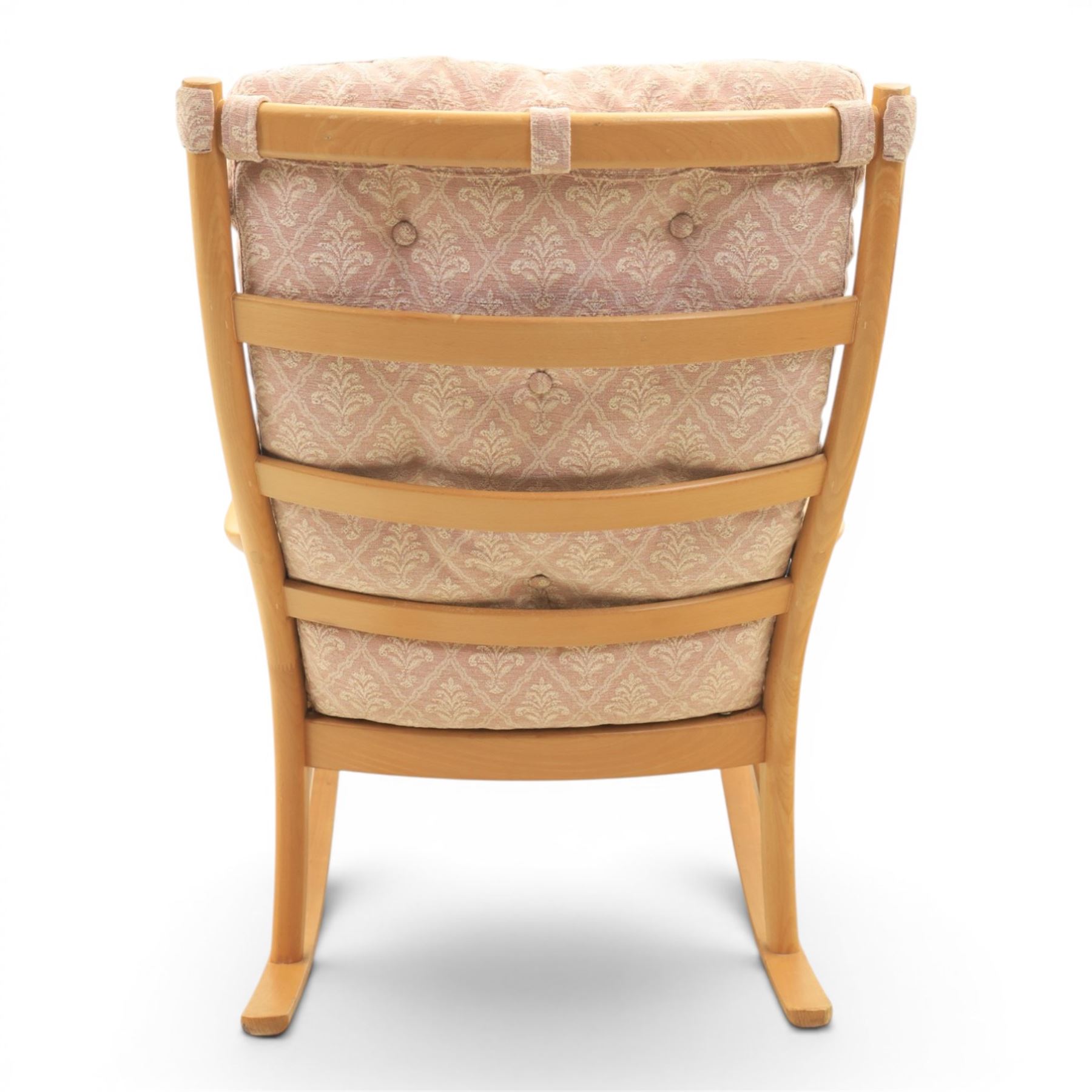 Parker Knoll -model '480' rocking beechwood chair, loose seat cushions above an elasticated webbing seat, curved rocker base 