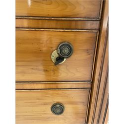 21st century steel lined gun cabinet, modelled as a Wellington chest of yew wood, to hold six long guns, interior lined with green baize, three storage shelves, with keys and bolts 