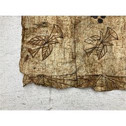 Collection of traditional necklaces from the Solomon Islands, including shell and boar tusk examples, together with a carved canoe prow, with mother of pearl eyes, painted cow hide and a copper plaque, depicting the Solomon Islands, with presentation engraving