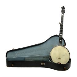 Five-string banjo by Clifford Essex Co. 15A Grafton Street, Bond Street, London W, with mother-of-pearl inlaid ebony fingerboard L92cm; in carrying case with strap
