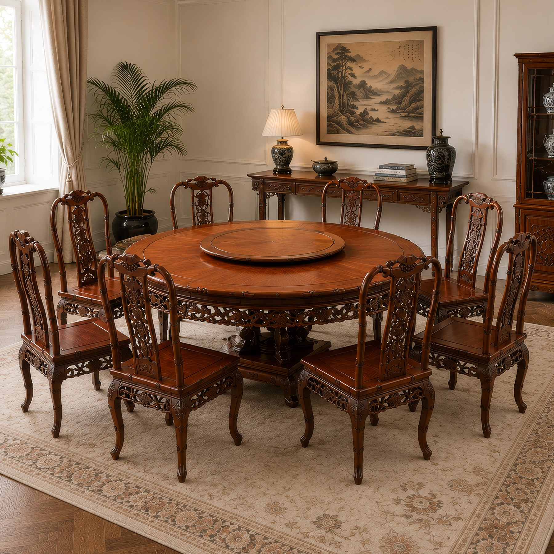 20th century Chinese ornately carved hardwood dining table and chairs, circular table with 'Lazy Susan' top with pierced carved frieze, raised on a quadriform base with carved foliate detail, the chairs en suite with carved pierced detailing  