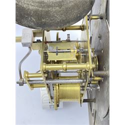 Late 18th century clock movement and dial, square brass dial with Arabic and Roman chapter ring signed 'Thos. (Thomas) Johnston, Dublin', with subsidiary seconds dial and calendar aperture, the dial set with ornate mask cast spandrels, twin train eight day movement striking on bell, with anchor escapement (34.5cm x 34.5cm, 13 1/2