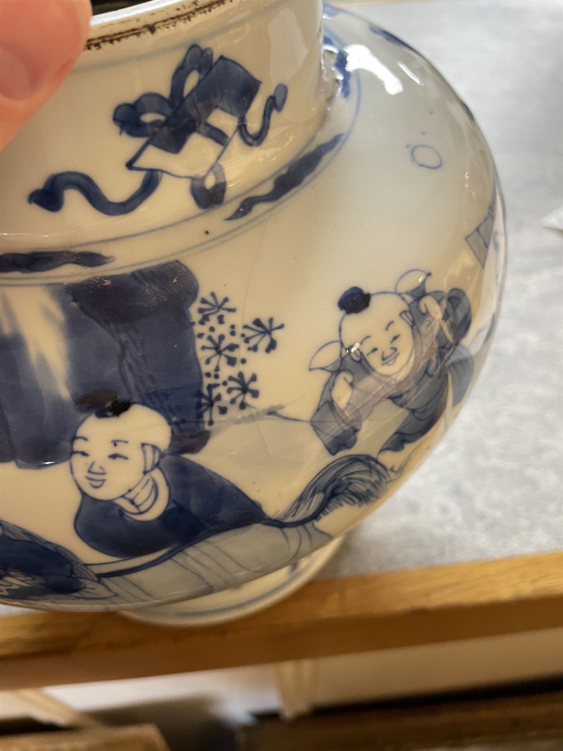 19th century Chinese blue and white jar, of pronounced baluster form, decorated in the Hundred Boys design, with numerous children at play, H23cm

The hundred boys design was a popular theme in Chinese Art employed from the Song period onwards. It expresses the desire to continue the family through male heirs and the performance of filial duties