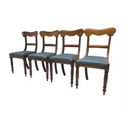 Set four Victorian mahogany dining chairs, shaped cresting rail over centre rail, seat upholstered in blue patterned fabric, raised on turned supports