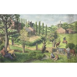 Modern British School (Mid 20th century): Figures in a Countryside Landscape with a Factory Beyond, oil on unstretched canvas unsigned 69cm x 89cm 
Provenance: from Westwood School, the former Scarborough School of Art