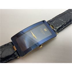 Raymond Weil ladies 'Othello' wristwatch, the rectangular 18ct gold plated case with blue enamel dial, on a Raymond Veil navy blue crocodile leather strap, in original box