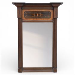 Early 19th century Regency mahogany pier glass, the original rectangular mirror plate within fluted pilaster uprights, with satinwood and rosewood crossbanded and inlaid frieze above