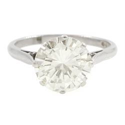 Platinum single stone round brilliant cut diamond ring, Birmingham 1975, diamond approx 3.00 carat, with Gemmological Certification Services certificate