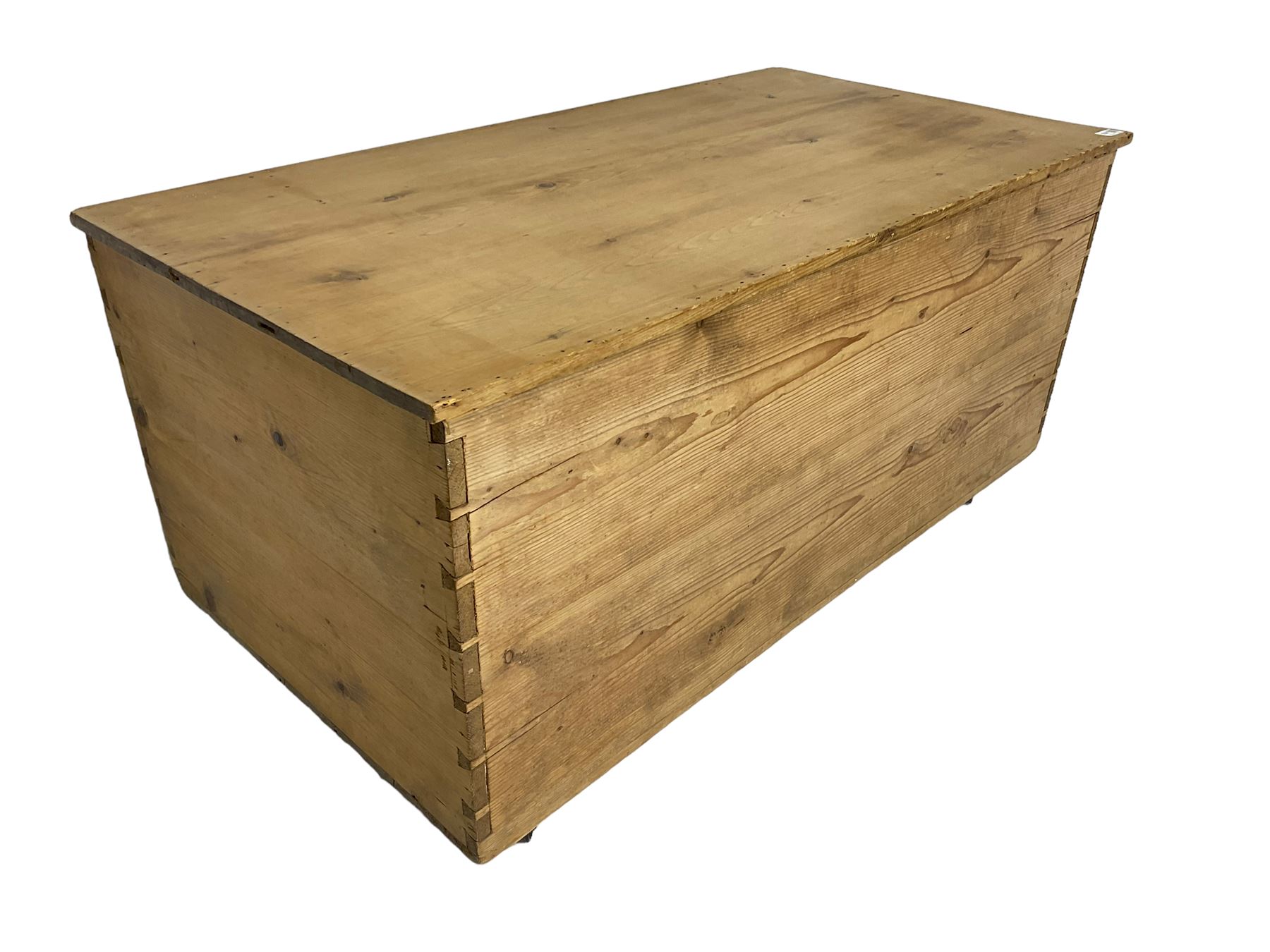 Victorian stripped pine blanket chest, rectangular hinged lid, on brass