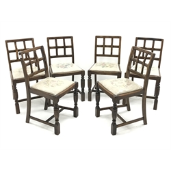  Set six early 20th century oak dining chairs, lattice back, upholstered seat, W45cm  