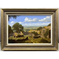 Edward Hersey (British 1948-): Chickens Feeding in Farmyard Ruins, oil on canvas signed 39cm x 59cm