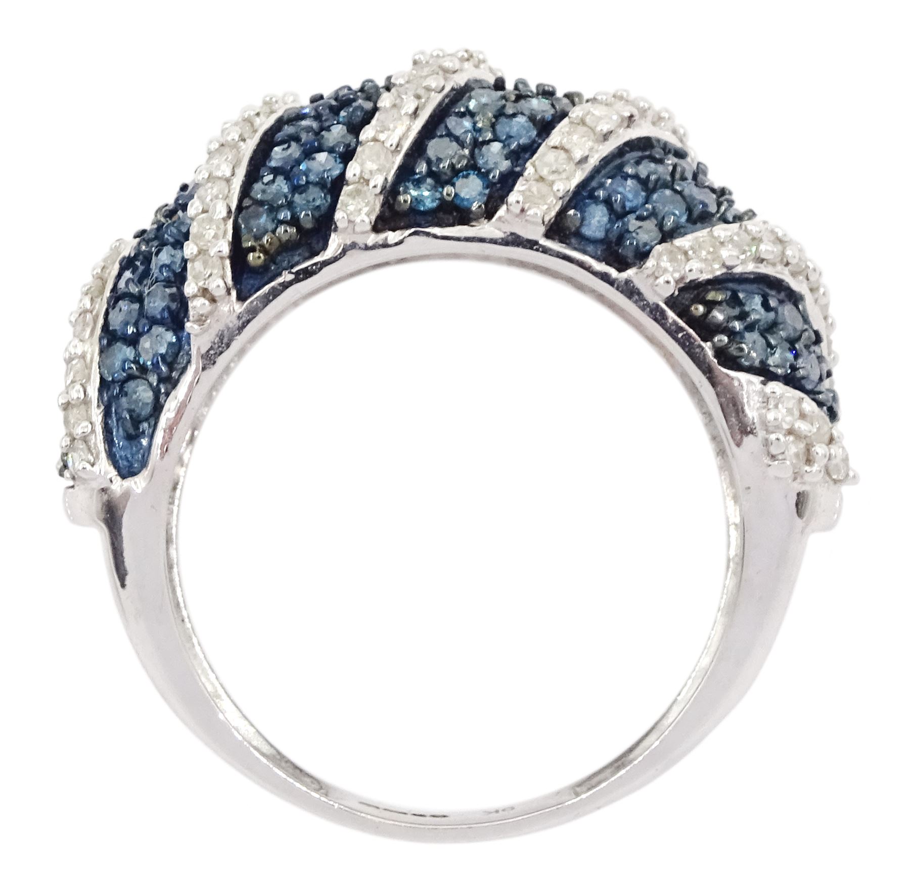White gold pave set blue and white diamond ring, hallmarked 9ct, total blue diamond weight approx 1.05 carat, total white diamond weight approx 0.45 carat