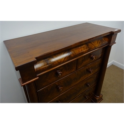  Victorian figured mahogany Scotch chest, single frieze drawer above two short and three long drawers, flanked by a pair of tapering pilasters on bun feet, W121cm, H137cm, D54cm  