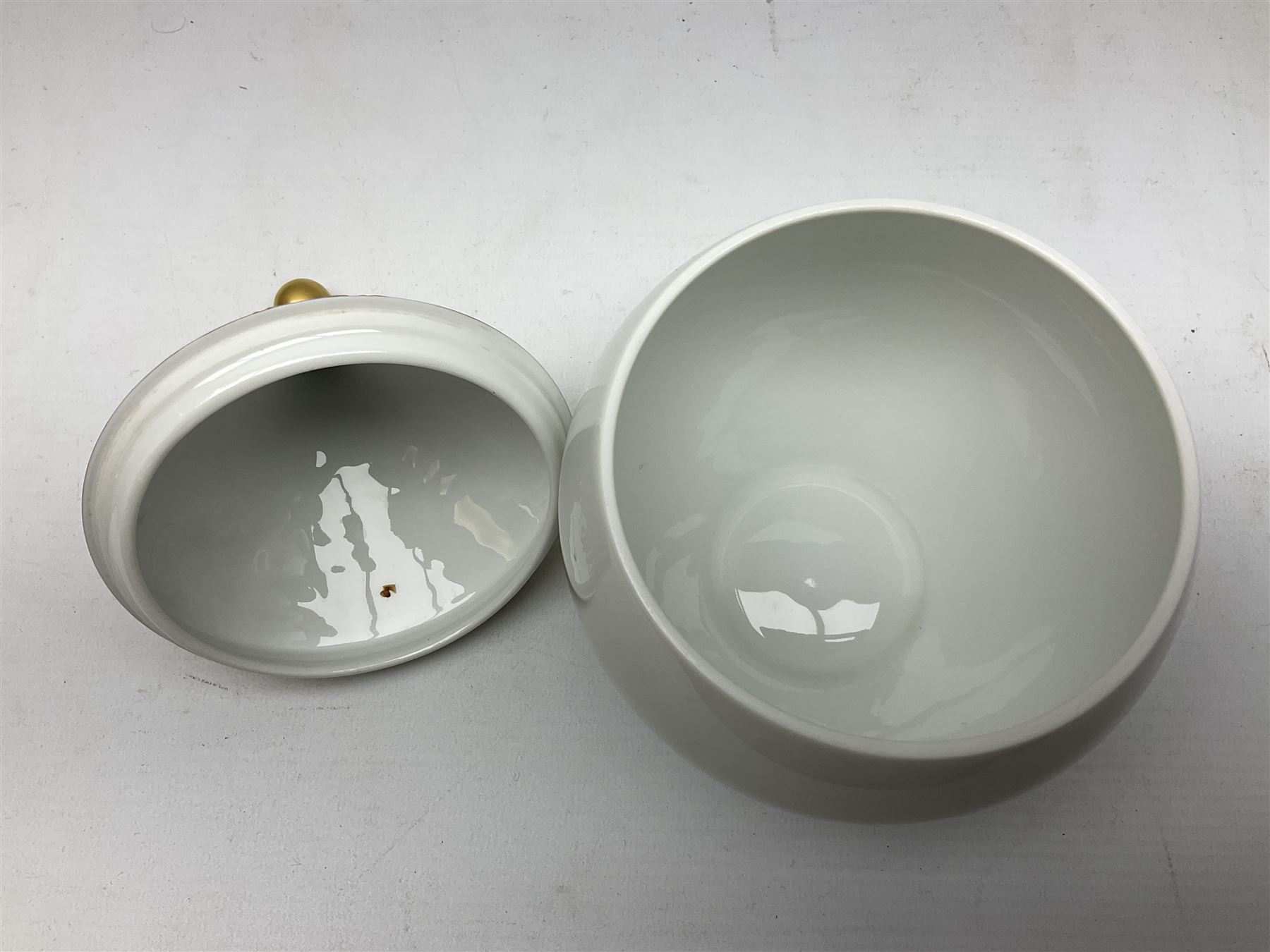 Rosenthal lidded bowl decorated in the Magic Flute pattern, designed by Bjorn Wiinblad, with gilt factory marks and signature to base, H20cm