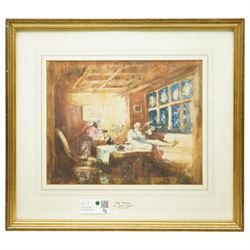 Circle of George Cattermole (British 1800-1868): The Lord's Entrance and Knights at Rest by Sarcophagus, two watercolours signed; (Henry William Lowe) Hurst (British 1865-1938): 'Old Cronies', watercolour signed max 27cm x 42cm (3)