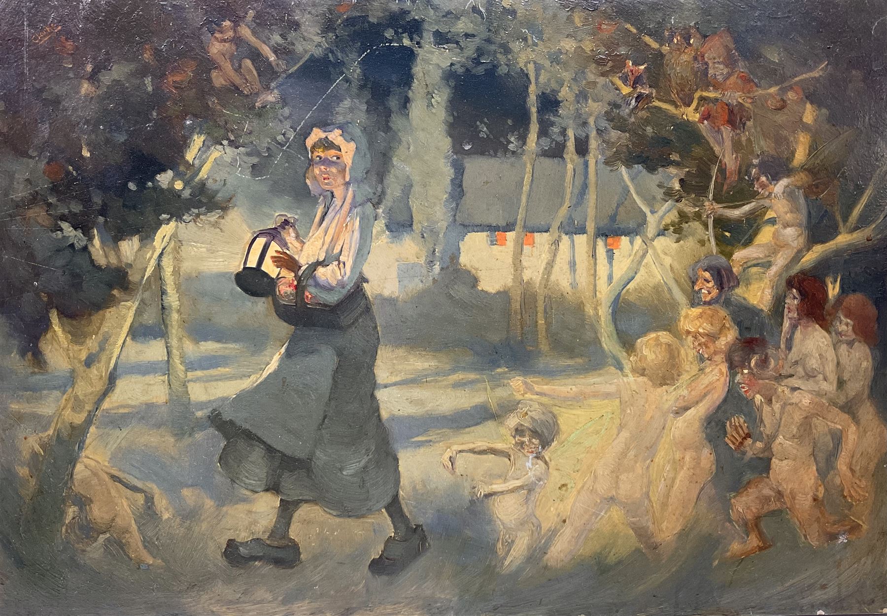 Richard Edward Clarke (British 1878-1954): 'The Haunted Orchard', oil on panel signed, original title label with artist's Scarborough address verso 35cm x 51cm (unframed) 
Notes: Clarke, born in Scarborough, studied under Albert Strange at the Art School where later he became acting Headmaster, also teaching at Pickering Grammar School.