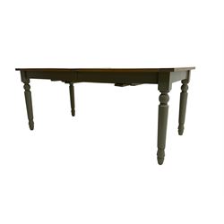 Neptune - 'Suffolk' 8-12 seat extending dining table, rectangular oak with breadboarded ends, on light grey finish base with turned supports, three additional leaves