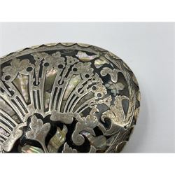 18th century silver plated oval snuff box with tortoiseshell lid inlaid with silver and mother of pearl 