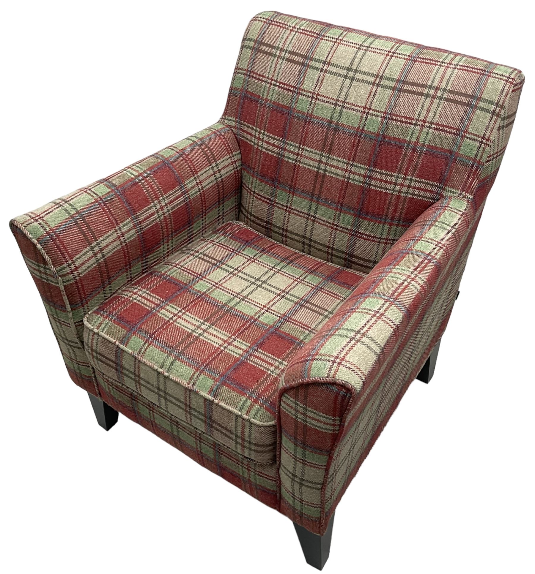 Next Home - traditional shaped armchair, upholstered in tartan fabric, raised on square tapering ebonised supports