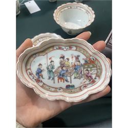 Set of Chinese 20th century tea wares, comprising three bowls of graduating sizes, teacup, spoon rest and small plate, decorated with scenes of figures around a table, each with scalloped rim, largest bowl D12cm
