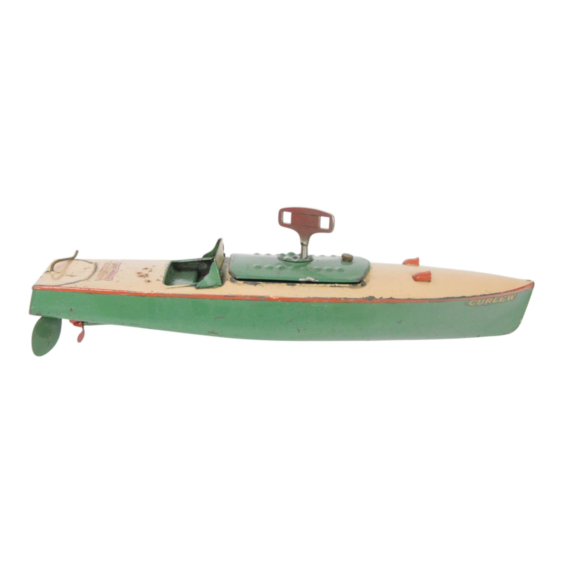 Two tinplate clockwork speedboats, comprising Meccano Hornby Speedboat no. 3 'Curlew', with key and Sutcliffe 'Racer 1'