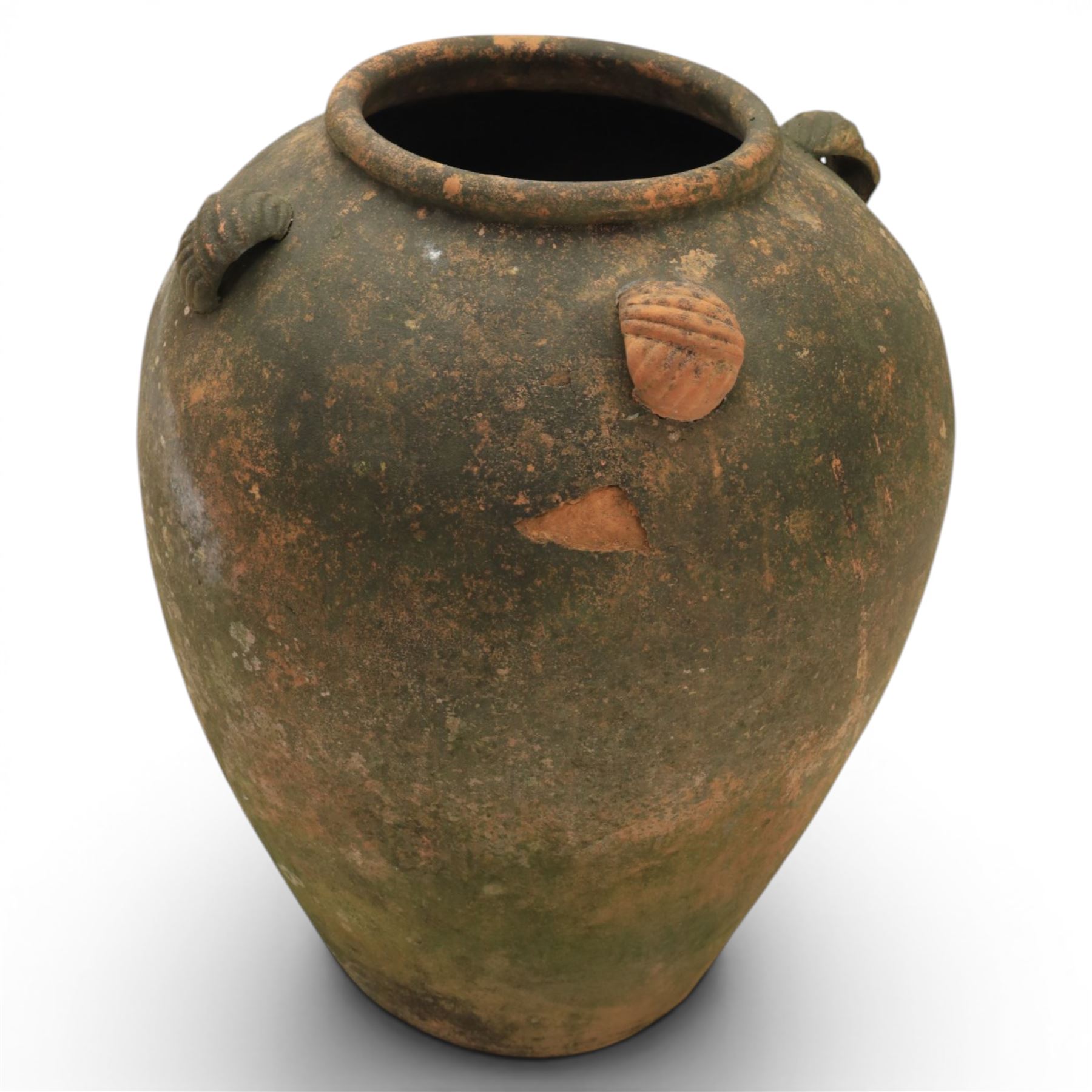 Large 20th century weathered terracotta urn, of ovoid form with four loop handles to shoulder, H61cm