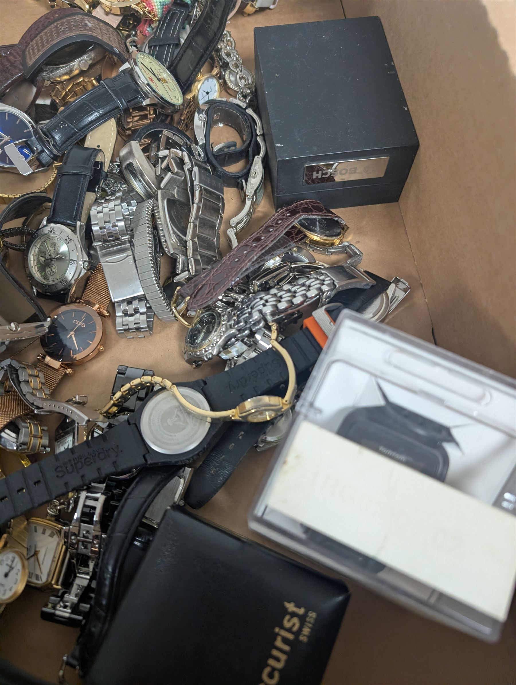 Large collection of watches, including Eddie Stobart pocket watch, Sekonda, Fossil, Timex etc