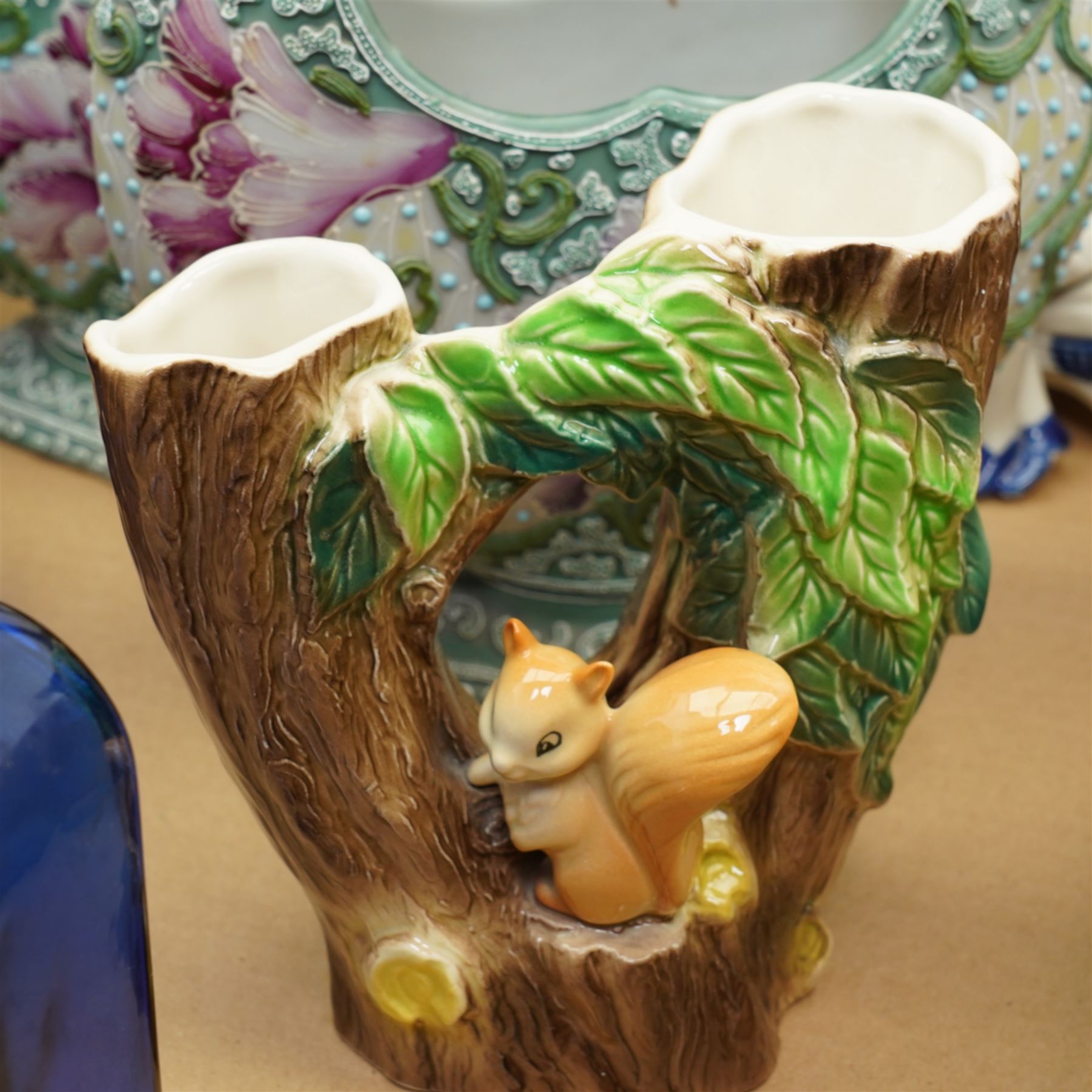 Pair of Staffordshire spaniel ornaments, Red Riding Hood spill vase, pair of Japanese vases and other items in two boxes