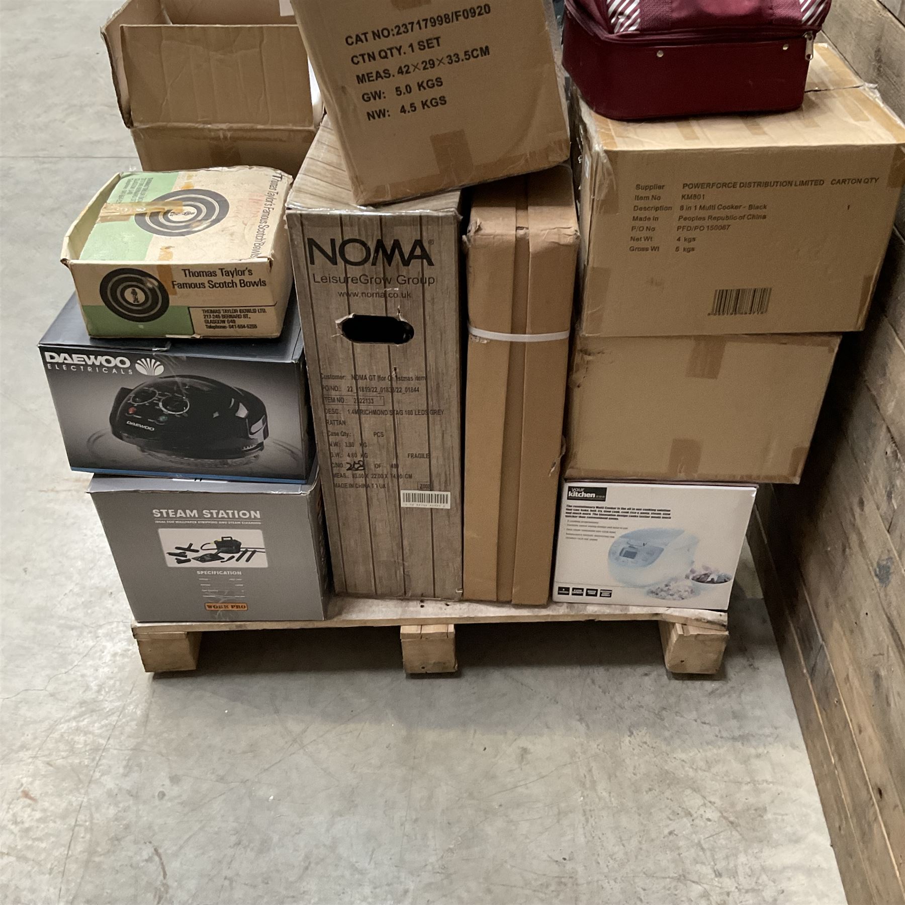 Collection of boxed items including a Flymo Micro Lite lawn mower, HP printer, Daewoo Halogen Air Fryer, an oil filled radiator etc