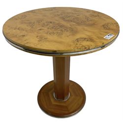 Art Deco design maple and cherry wood pedestal table, circular top with figured quarter matched veneers, mounted by chromed metal band, octagonal pedestal on circular platform base