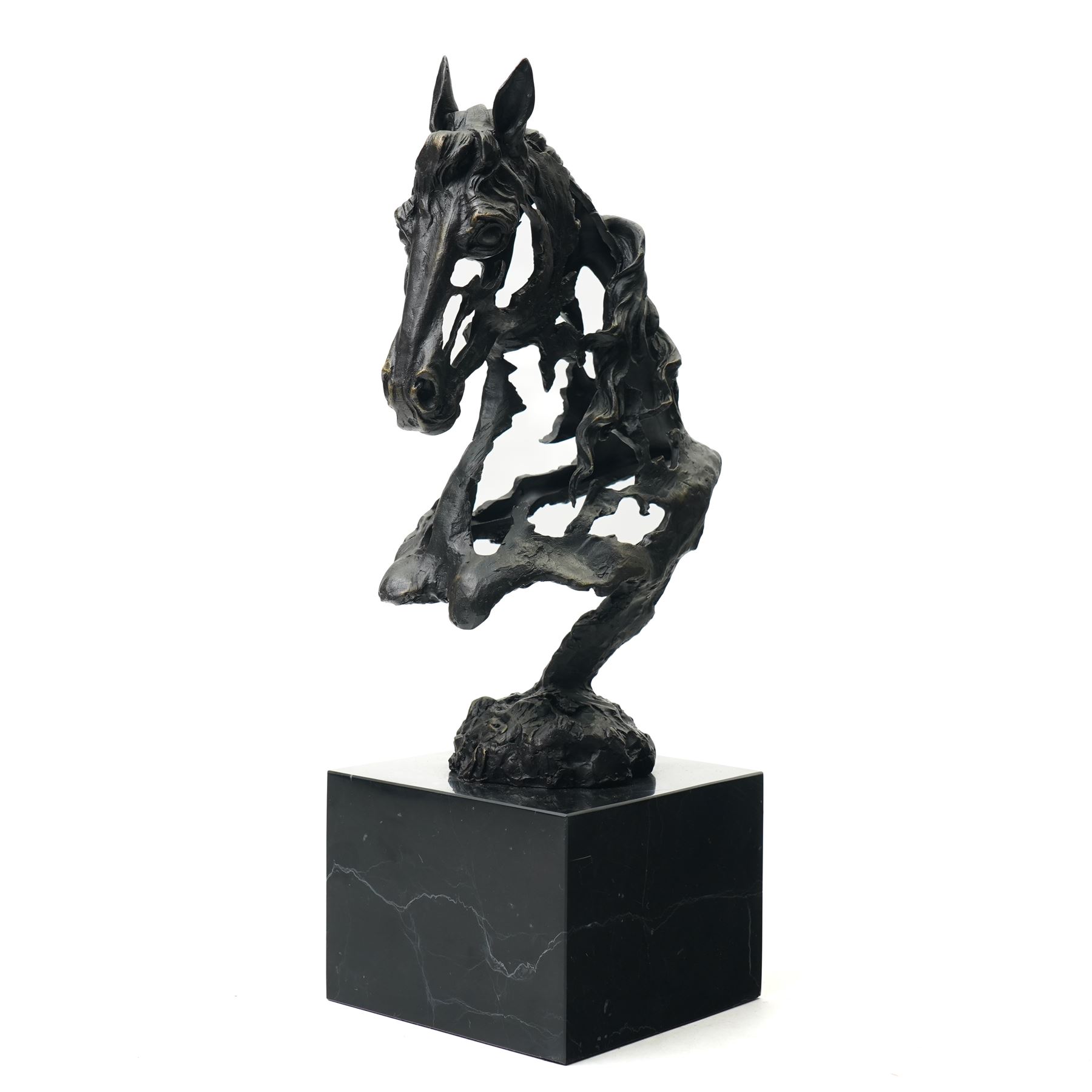 Stylised horse head, bronze, signed Gadi and bearing foundry mark, upon black stone square plinth, overall H41cm