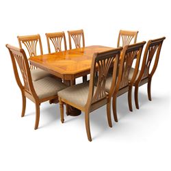 Late 20th century parquetry veneered extending dining table and eight chairs, the rectangu...