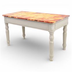 A pair of 19th century style pine console tables, with rectangular simulated marble top over a painted frieze, raised on fluted and turned tapering legs