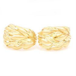 Pair of 18ct gold textured and polished leaf design hoop earrings, stamped 750