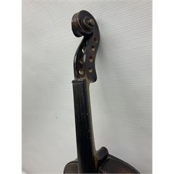 German violin c1890 with 36cm two-piece maple back and ribs and spruce top; bears label 'Antonius Stradivarius Cremona Faciebat Anno 1729' L59.5cm overall; in ebonised wooden 'coffin' case; and two German violins c1890 for completion - one bearing a Stradivarius label, the other a Ruggeri label; both in carrying cases (3)