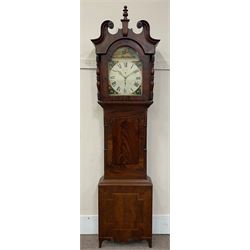 19th century figured mahogany longcase clock, painted dial, 30-hour movement striking the hours on bell