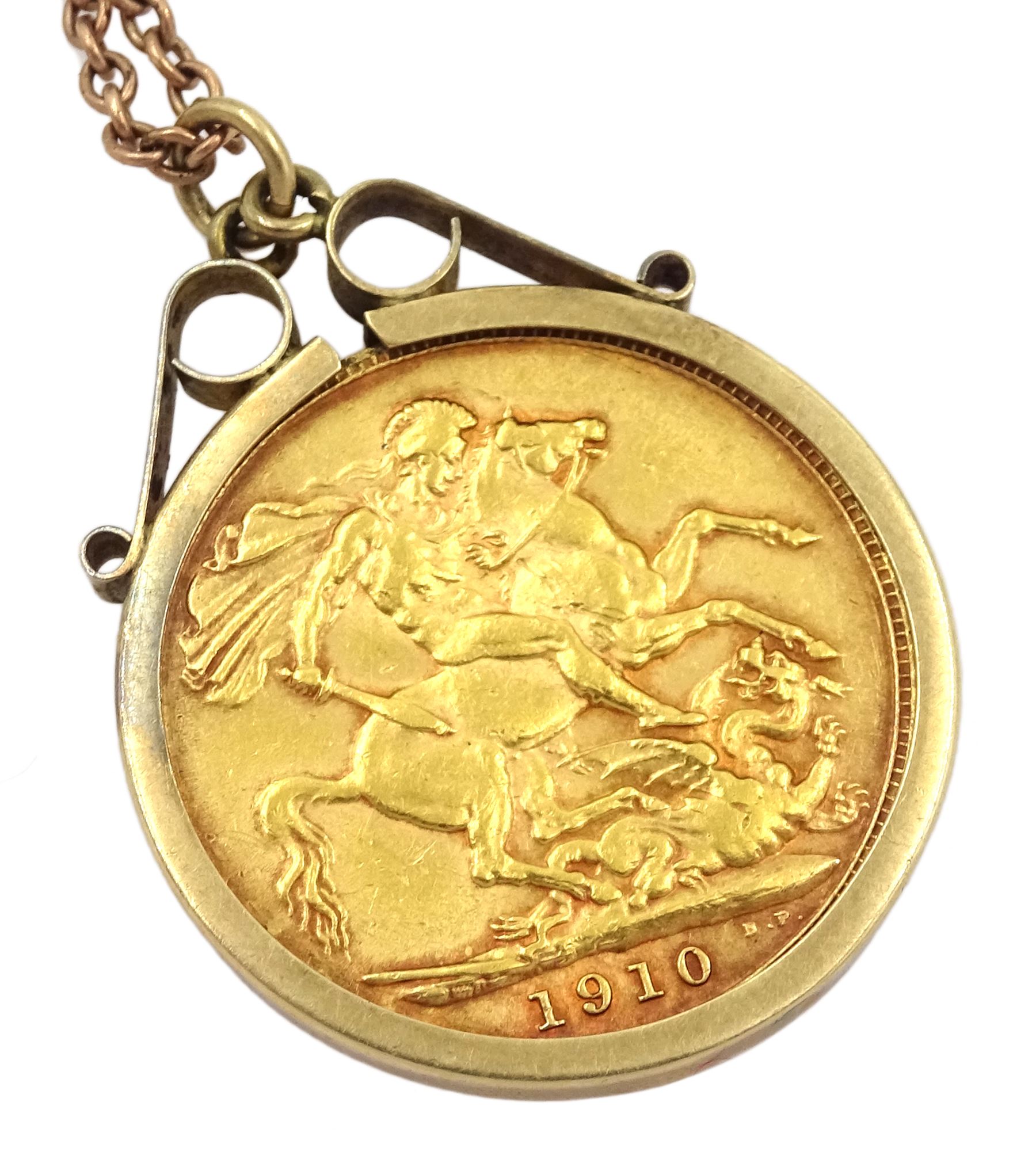 King Edward VII 1910 gold full sovereign coin, loose mounted in gold pendant, on rose gold chain, both 9ct