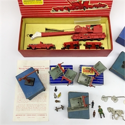 Hornby Dublo - 4620 Breakdown Crane, two Junction Signals D3, Loading Gauge D1, ED1 Single Arm Signal, three x two Buffer Stops D1, two Signals-Single Arm D1 and one D1 Water Crane, all boxed; quantity of station staff and passenger figures, street lights, road signs, instruction booklets etc