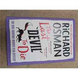 Eight first edition books, comprising signed Bob Mortimer 'And Away' autobiography, signed Richard Coles 'Murder Before Evensong' and six Richard Osman books, including 'The Thursday Murder Club' and 'The Last Devil To Die', with two Richard Osman signed bookplates