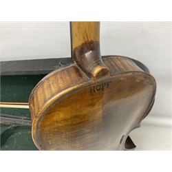 German Hopf violin c1900 with 35.5cm two-piece maple back impressed HOPF, maple ribs and spruce top, also marked HOPF internally L58.5cm overall; in Maidstone ebonised wooden coffin case with bow