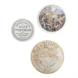  Collection of 19th century and later ointment jars, pots and lids, including Burgess's Anchovy paste, Woods Areca Toothpaste, Boots Cold Cream and framed Prattware pot lids