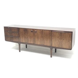 AH McIntosh - 1970s rosewood sideboard fitted with three drawers, double cupboard and fall front compartment, W205cm, H75cm, D44cm - CITES License applied for