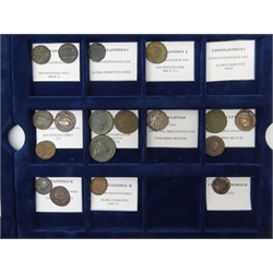  Collection of Roman and other coinage including Constantinus I, Diocletian, Constantinus II, Licinius II, Aurelianus, Crispus Maximian and other rulers, Ptolemaic Kingdom of Egypt Ptolemy II Drachm and other similar coins, housed in a Westminster display case  