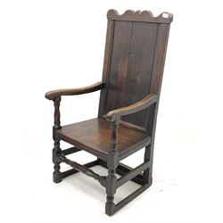 18th century oak Wainscot chair, shaped cresting rail over panelled back with moulded slip, turned arm uprights and supports jointed by stretchers, total width - 58cm, seat height - 39cm, total height - 114cm